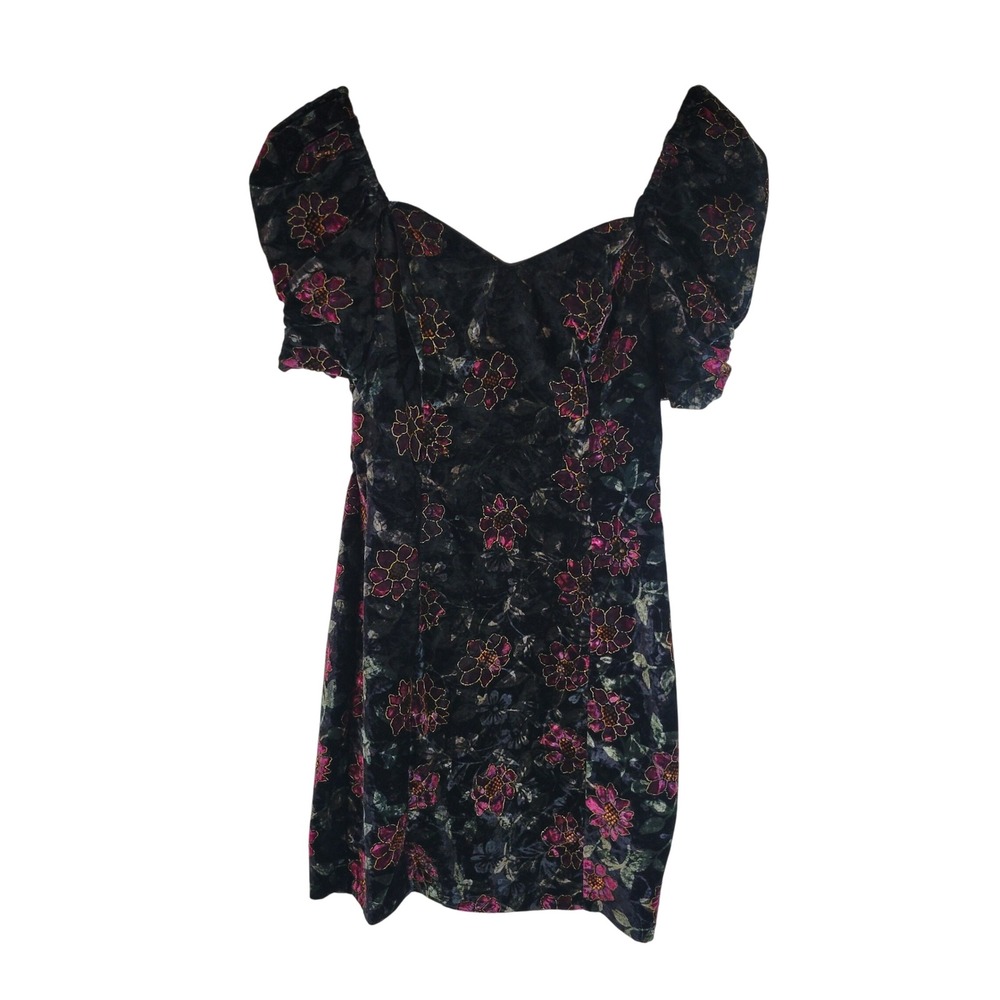 Vintage L.A. Glo Velvet Puffed Sleeve Mini Dress Floral Black‎ Size 7/8
